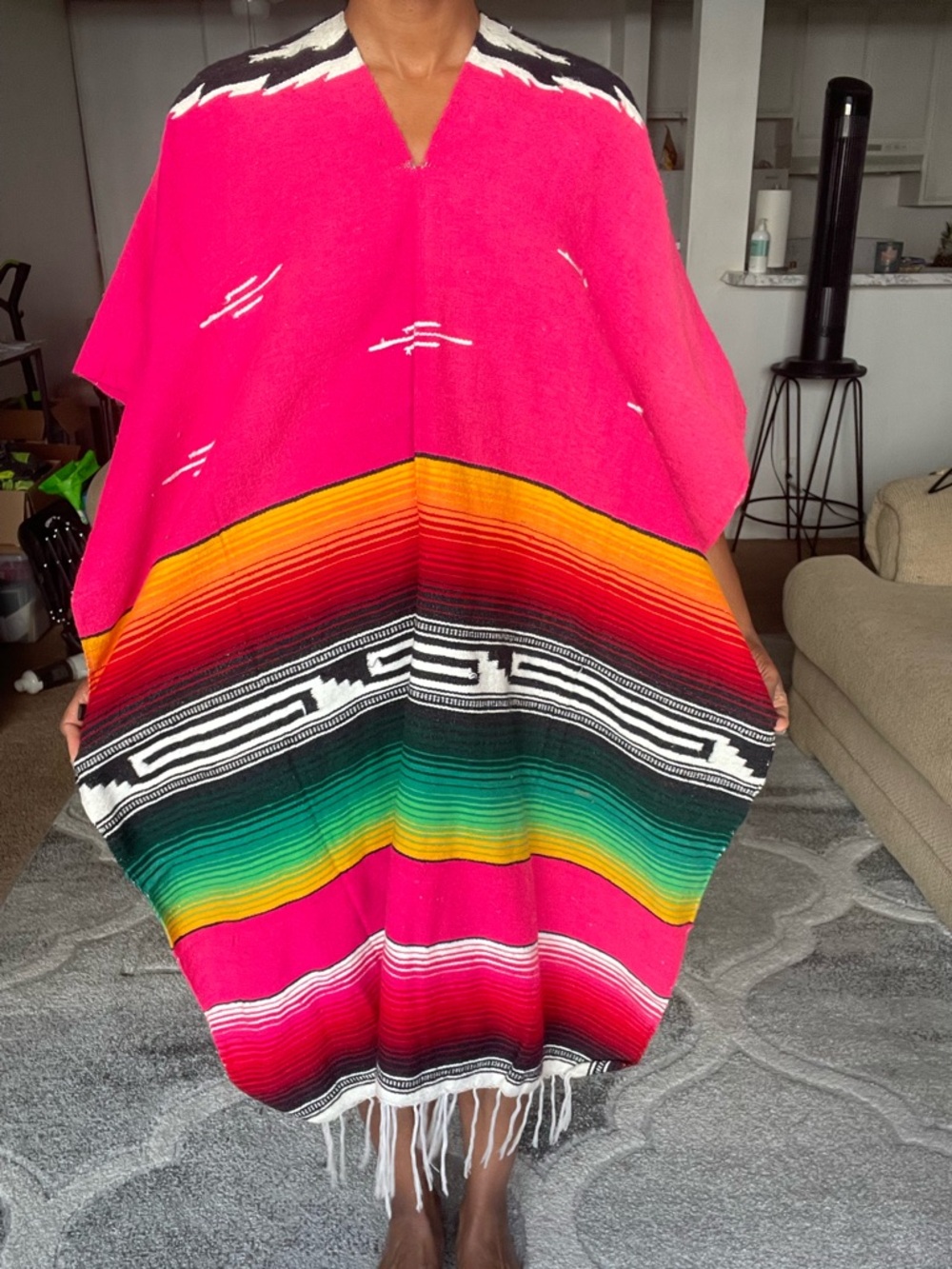 Vintage Mexican Serape Blanket Poncho Hot Pink Rainbow Fringe One Size